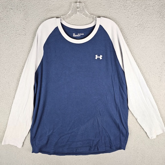 Under Armour T-Shirt Mens 2XL Navy White Waffle Thermal Loose Pullover 1357357 - Picture 1 of 9